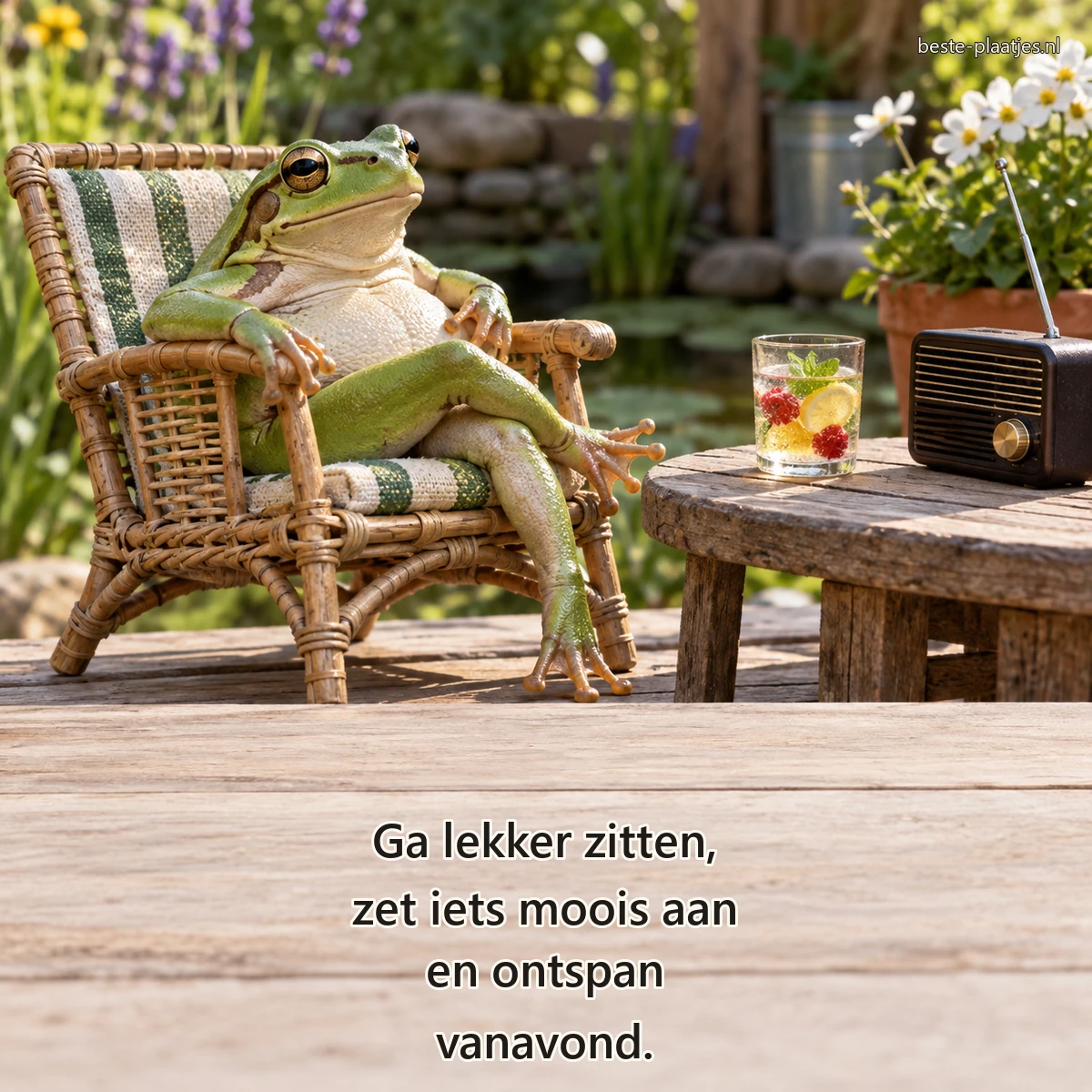 Een groene boomkikker rust in een miniatuurstoel naast fruitwater en een kleine radio.