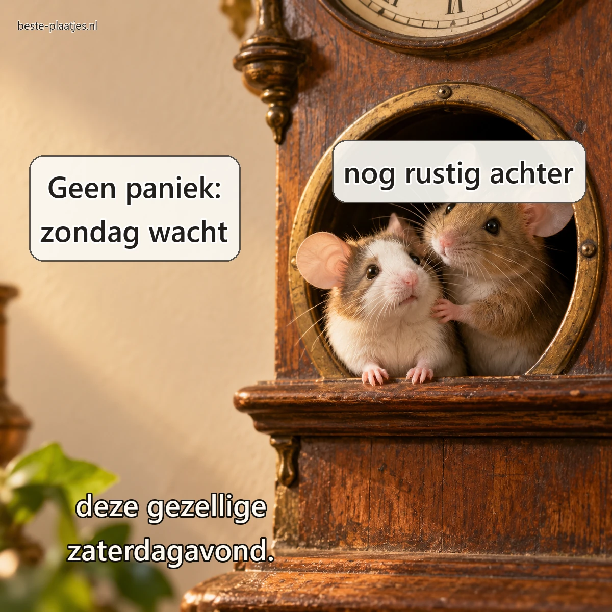 Twee tamme muizen kijken met verschillende gezichtsuitdrukkingen uit een oude klokkast.