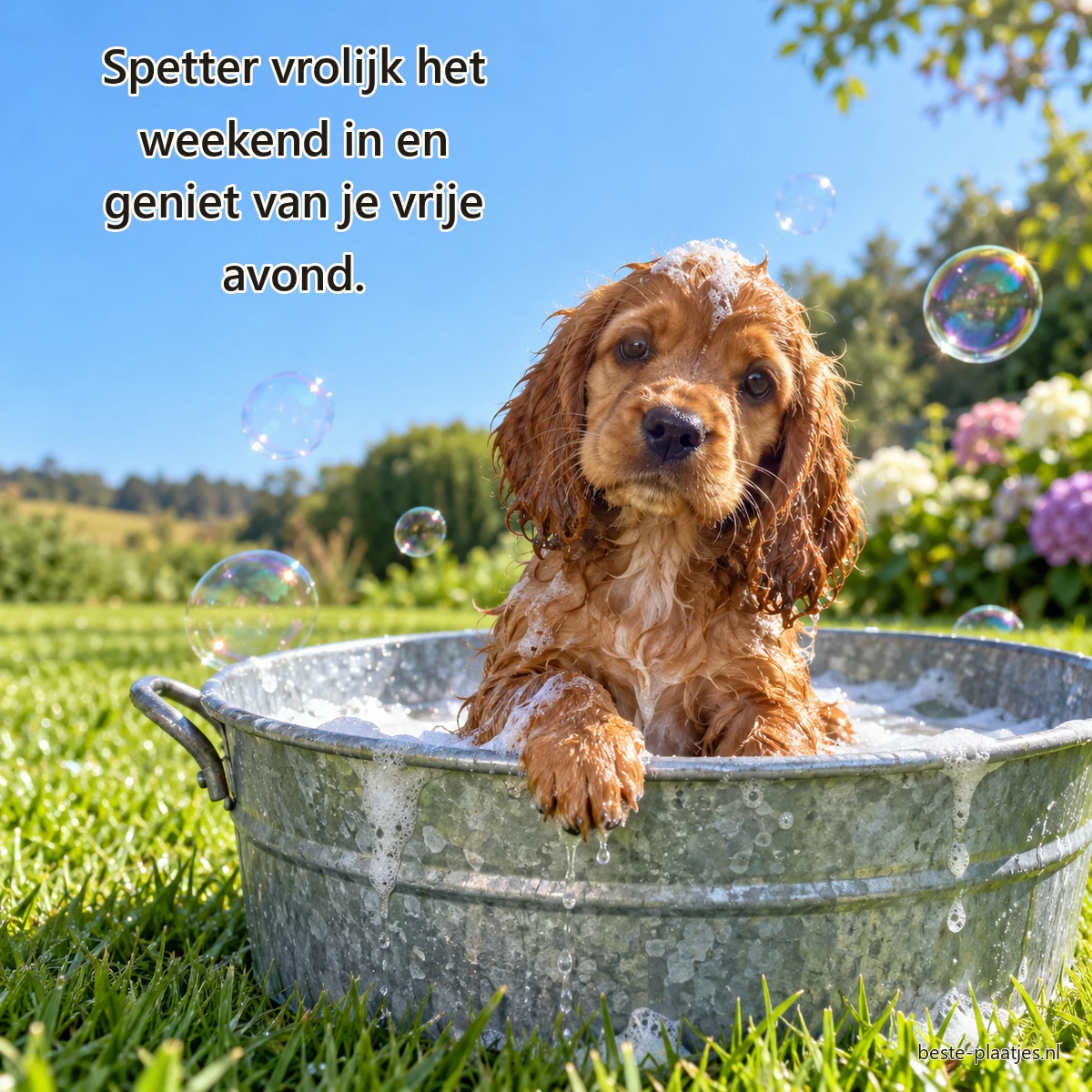 Een natte bruine spanielpup zit met één poot op de rand van een zinken teil.