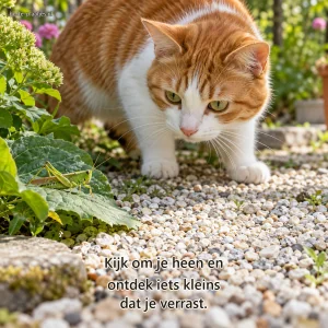 Een rood-witte kat bestudeert voorzichtig een groene sprinkhaan op een tuinblad.