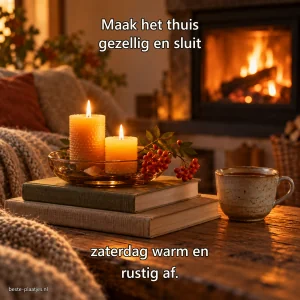 Kaarsen op linnen boeken en een mok staan voor een zacht brandende open haard.