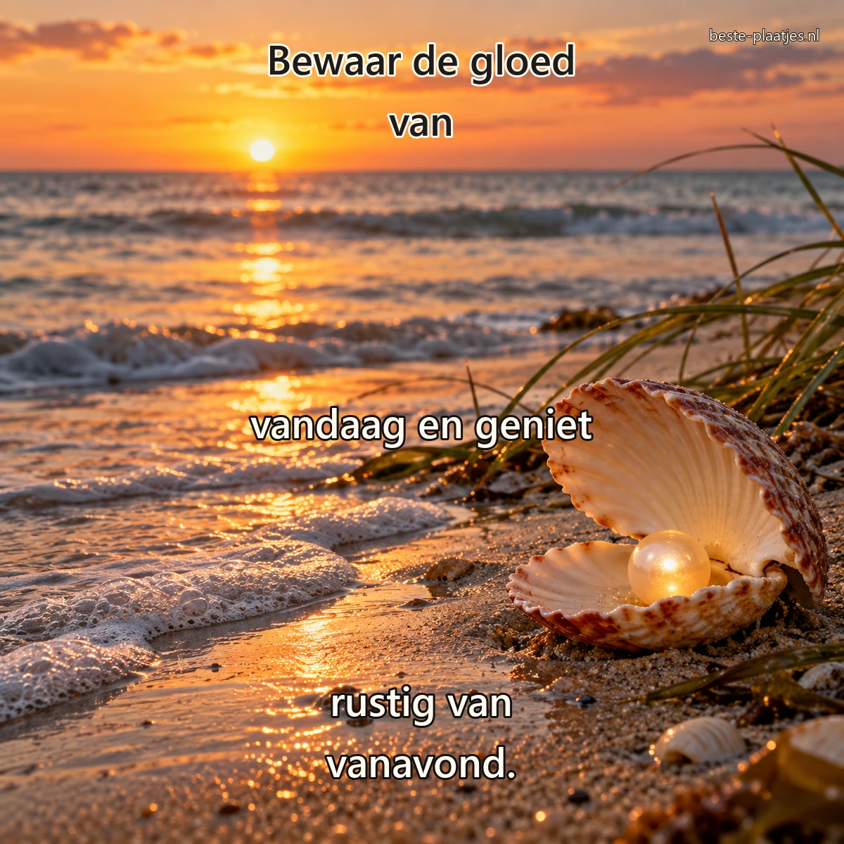 Een open schelp met een warm lichtje ligt in het zand bij een rustige zonsondergang.