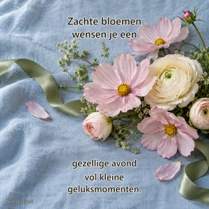 Roze cosmos en crèmekleurige ranonkels liggen met een groen lint op blauw linnen.