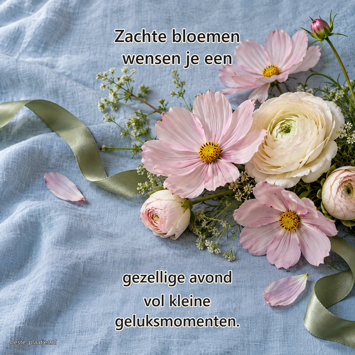 Roze cosmos en crèmekleurige ranonkels liggen met een groen lint op blauw linnen.
