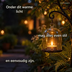 Een theelicht brandt onder een glazen stolp tussen varens in een donkere tuin.