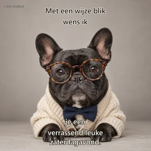Een zwarte Franse buldog poseert met ronde bril, licht vest en donkerblauwe strik.