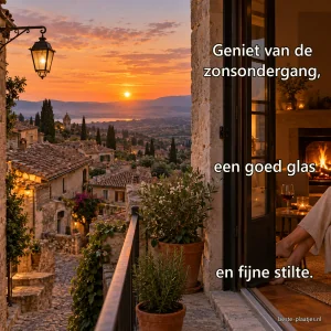Een dorpsbalkon kijkt uit over oude daken, terwijl binnen haardvuur en een glas wachten.