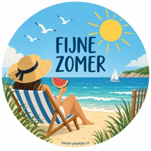 Een getekend strandtafereel toont een strandstoel, zon, zee en watermeloen.