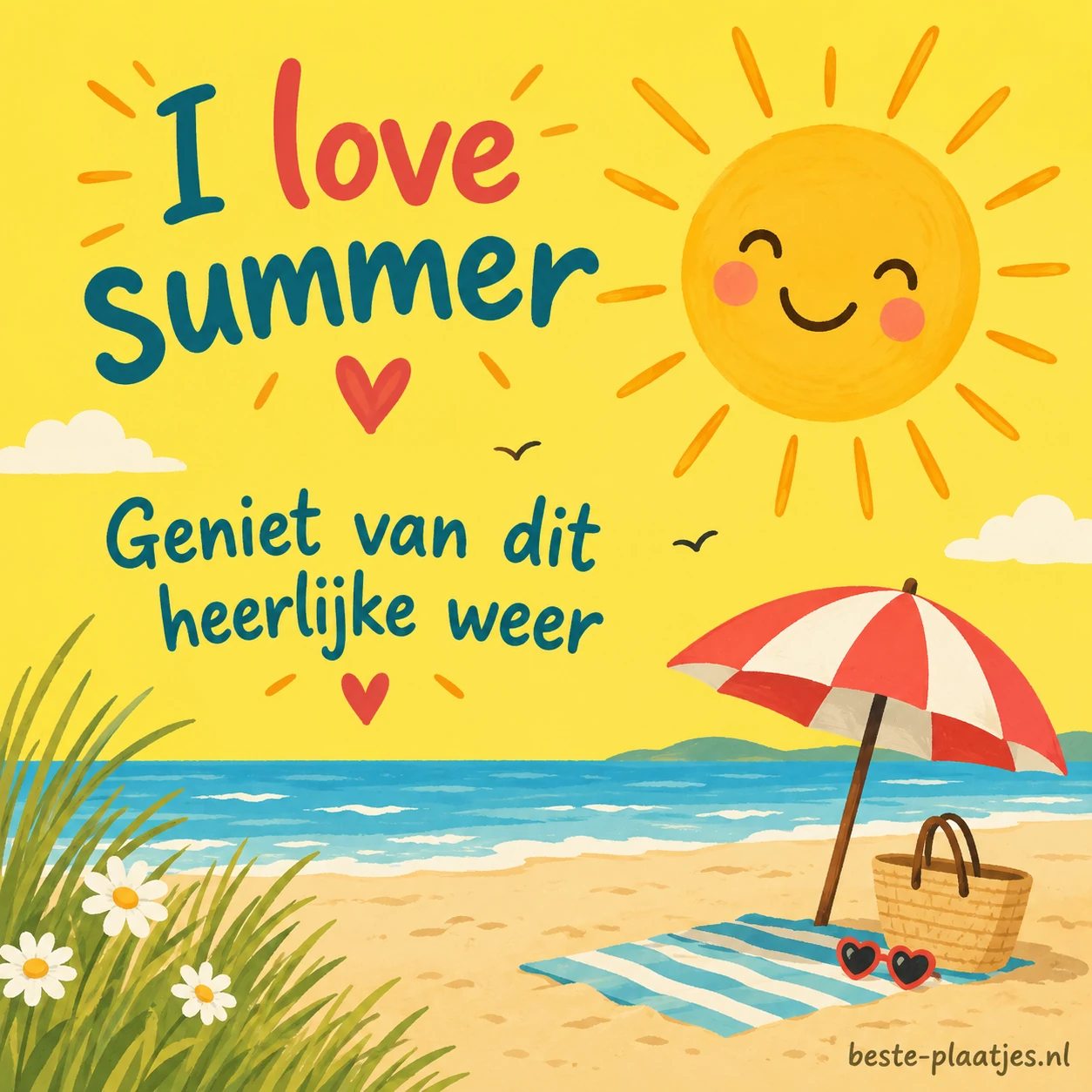 Een getekende zon schijnt boven een geel strand met parasol.