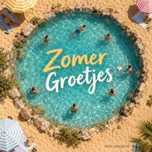 Van bovenaf zie je zwemmers in een rond turquoise bad tussen het zand.