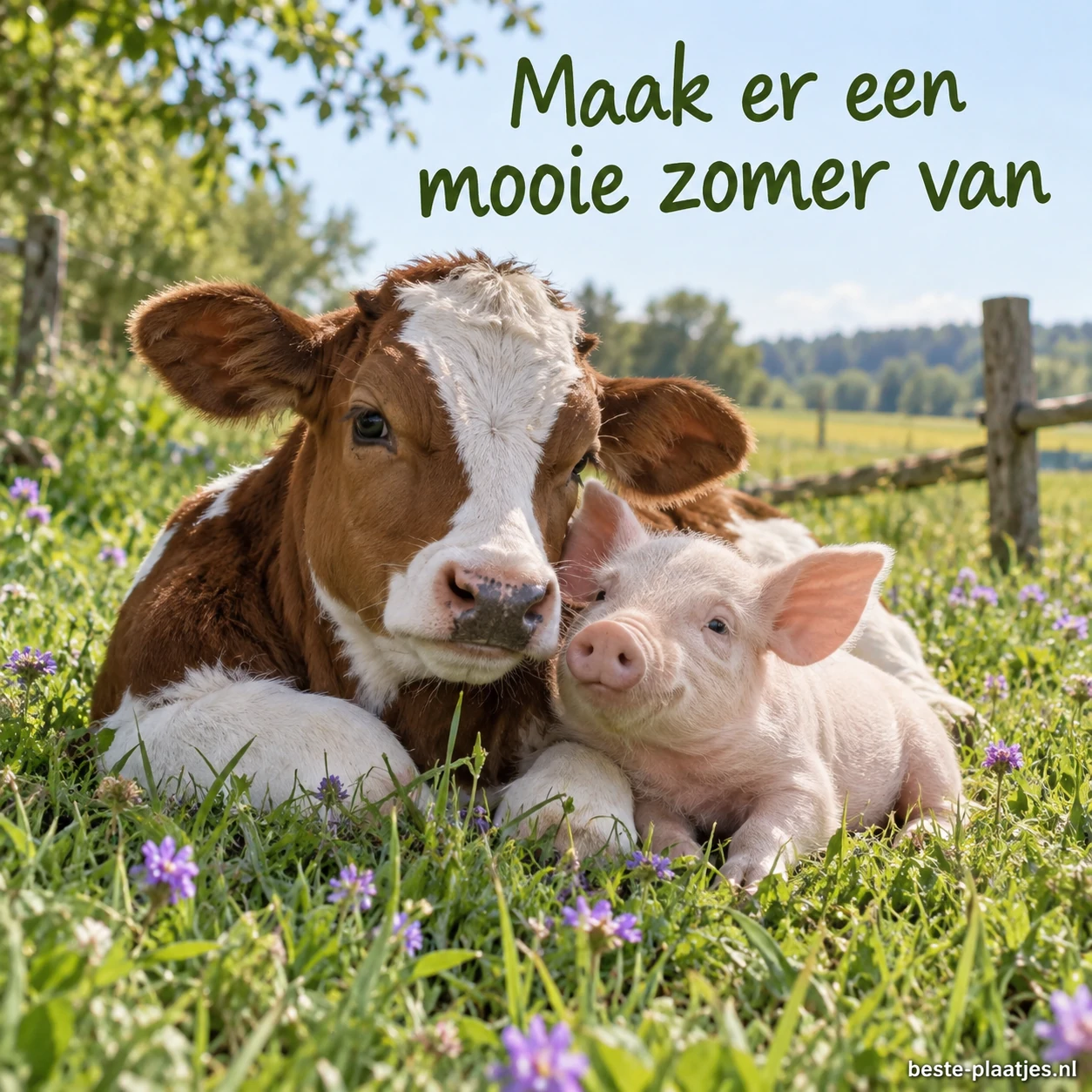 Een kalf en een biggetje liggen samen in een groene weide.