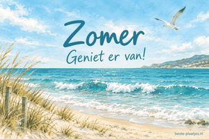Een aquarel toont turquoise golven, strandgras en een meeuw boven zee.