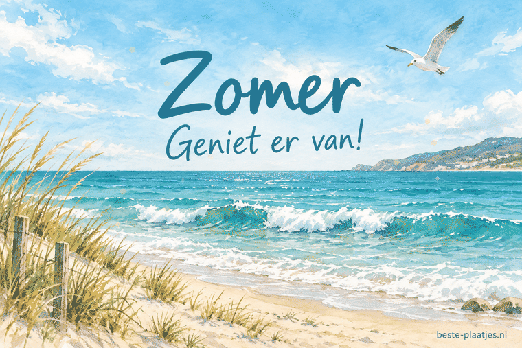 Een aquarel toont turquoise golven, strandgras en een meeuw boven zee.
