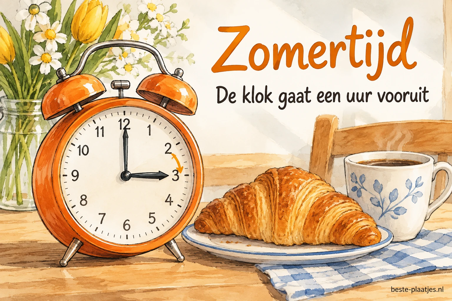 Een getekende oranje wekker staat bij koffie en een croissant op tafel.