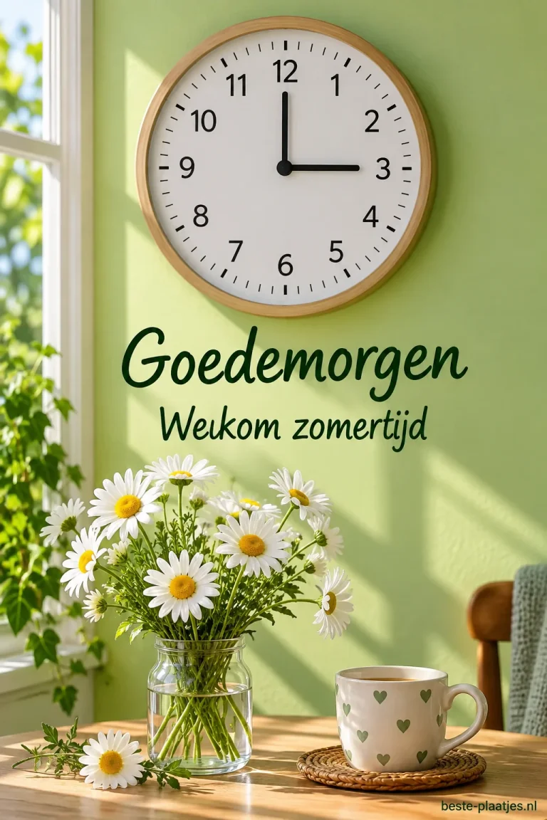 Een ronde klok hangt boven een vaas witte madeliefjes in een lichte kamer.