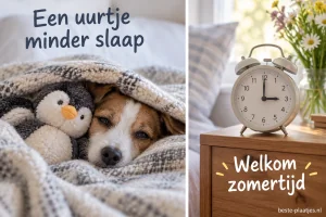 Een hond ligt onder een deken naast een knuffel en een wekker.