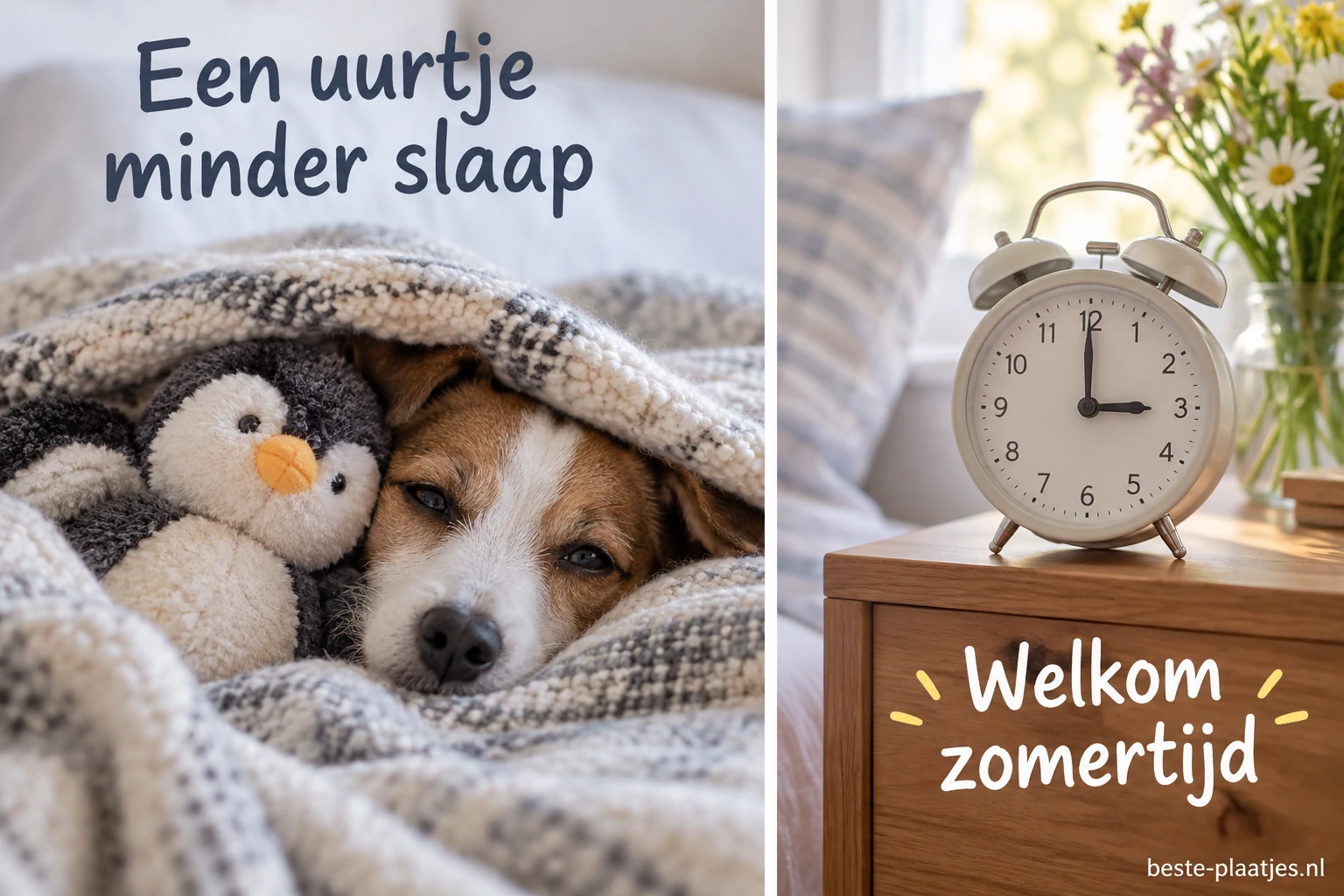 Een hond ligt onder een deken naast een knuffel en een wekker.