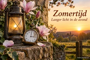Een lantaarn en zakhorloge staan naast bloeiende magnolia bij zonsondergang.