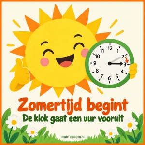 Een platte papieren zon houdt een klok vast die naar drie uur wijst.