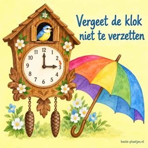 Een geschilderde koekoeksklok staat naast een veelkleurige paraplu.