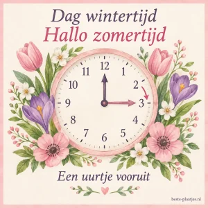 Een geschilderde klok is omringd door roze en paarse voorjaarsbloemen.