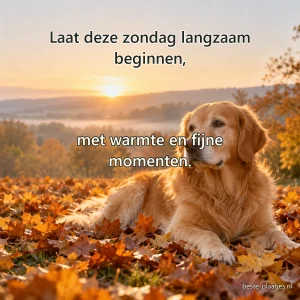 Een golden retriever rust tussen koperkleurige herfstbladeren in zacht ochtendlicht.