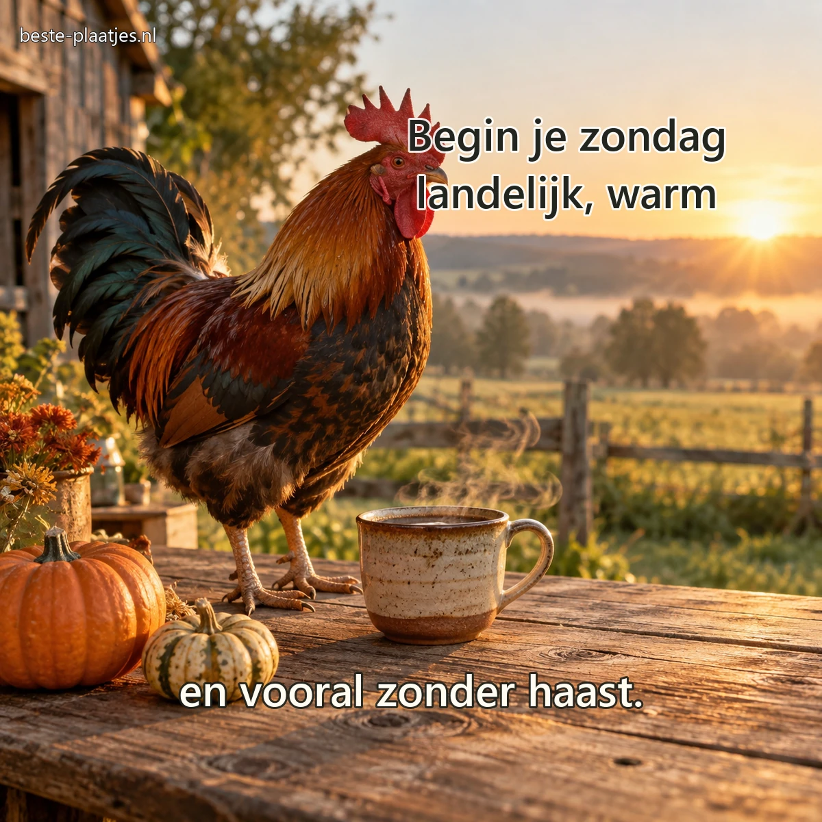 Een haan staat naast een aardewerken koffiekop en kleine pompoenen op een boerentafel.