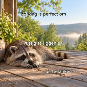 Een wasbeer ligt languit op een verweerde houten veranda in de ochtendzon.