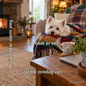 Een westie ligt onder een gebreide deken naast thee en een gesloten boek.