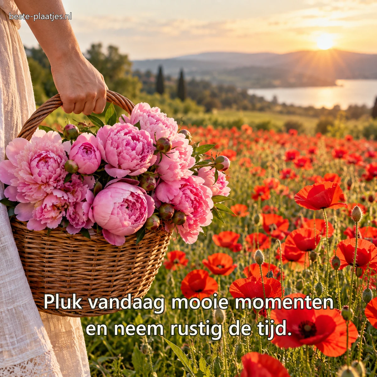 Een hand draagt een rieten mand met roze pioenrozen langs een bloemenveld.