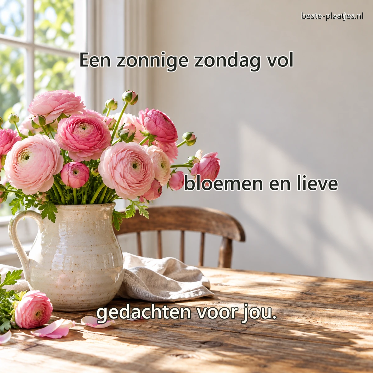 Een keramische vaas met ranonkels staat op een houten tafel bij een zonnig raam.