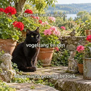 Een zwarte kat zit tussen terracotta potten en kleine tuinbeelden bij bloeiende geraniums.