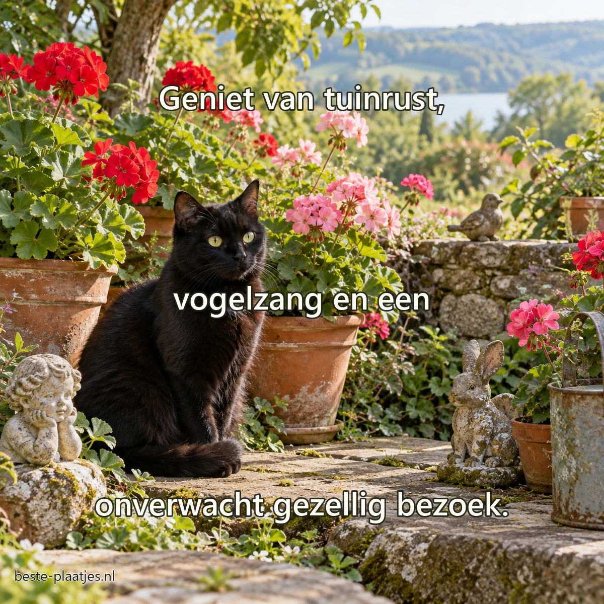 Een zwarte kat zit tussen terracotta potten en kleine tuinbeelden bij bloeiende geraniums.