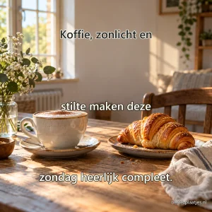Een cappuccino en croissant staan op een ontbijttafel in warm raamlicht.