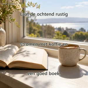 Een open roman ligt naast een stenen koffiekop op een lichte vensterbank.
