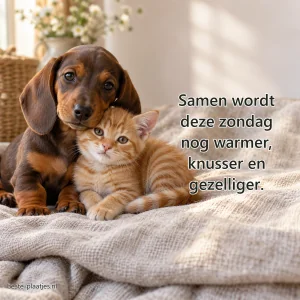 Een teckelpup en rood kitten zitten dicht naast elkaar op een linnen deken.
