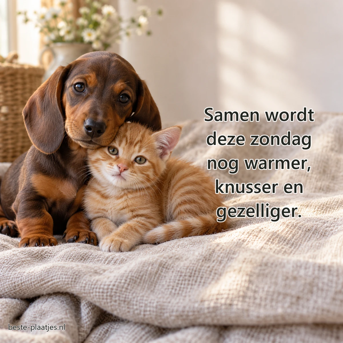 Een teckelpup en rood kitten zitten dicht naast elkaar op een linnen deken.