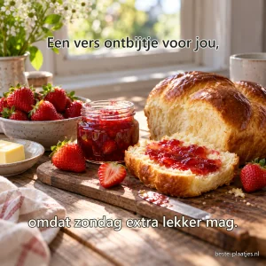 Aardbeien, verse confituur en brioche liggen op een rustiek ontbijtbord.
