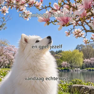 Een witte samojeed kijkt naar bloeiende magnoliatakken onder een blauwe hemel.