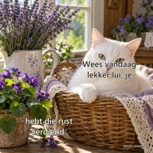 Een witte kat ligt in een rieten mand tussen viooltjes en lavendel.
