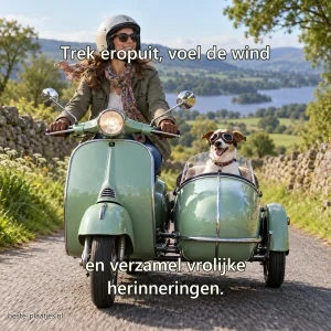 Een vrouw rijdt op een mintgroene scooter met een hond veilig in de zijspan.