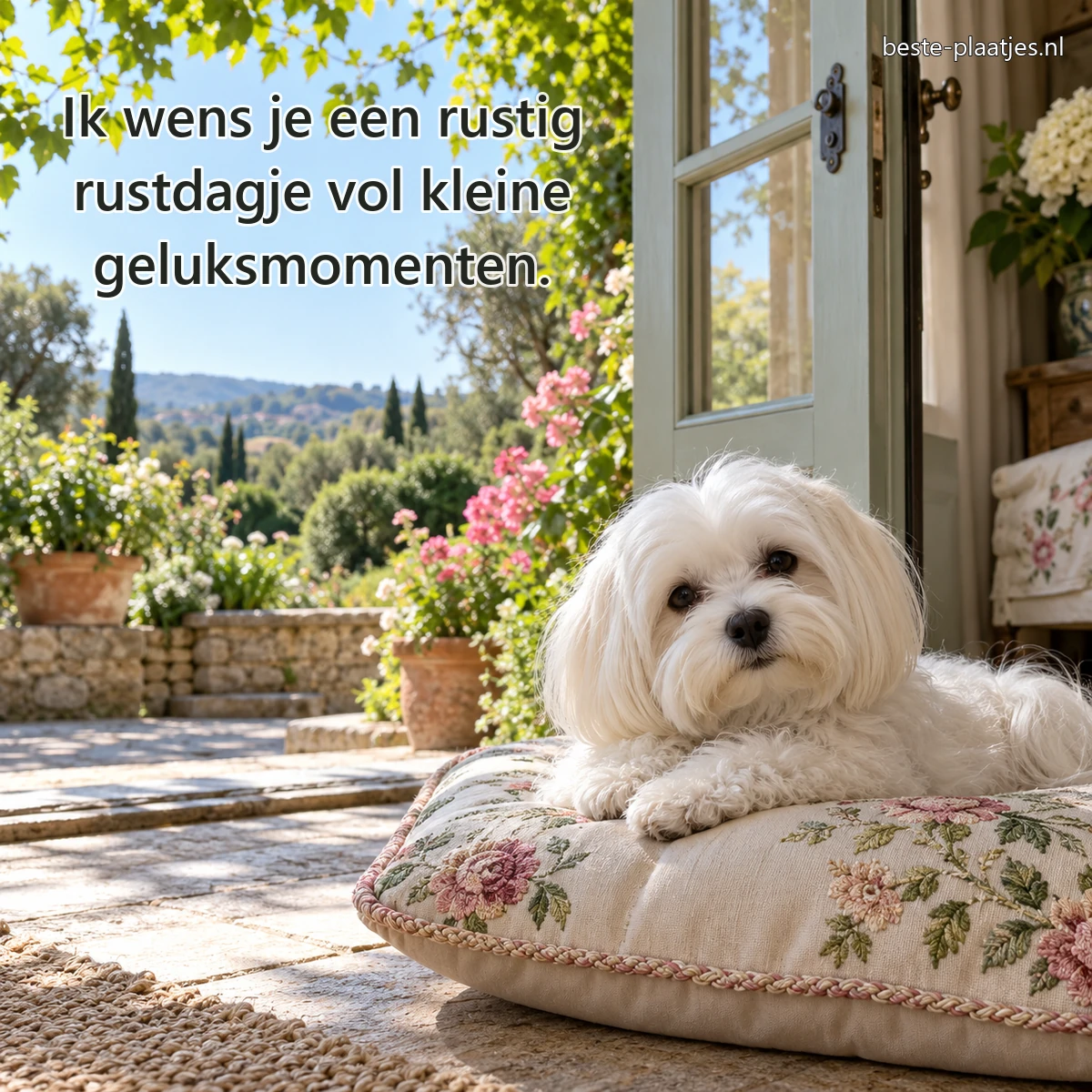 Een maltezer ligt op een geborduurd kussen bij een open tuindeur.