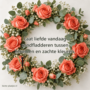 Een krans van koraalkleurige rozen en eucalyptus omringt een open lichte ruimte.