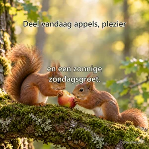 Twee rode eekhoorns delen een kleine appel op een met mos bedekte tak.