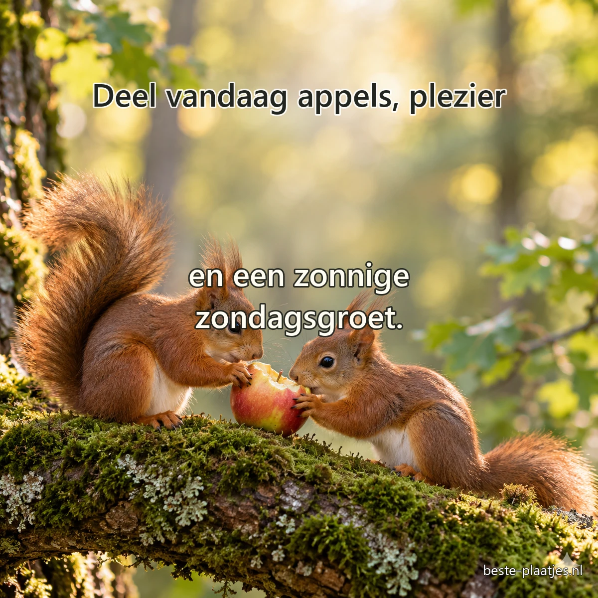 Twee rode eekhoorns delen een kleine appel op een met mos bedekte tak.
