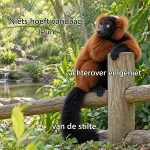 Een rode vari leunt ontspannen tegen een houten hek in een groen dierenpark.
