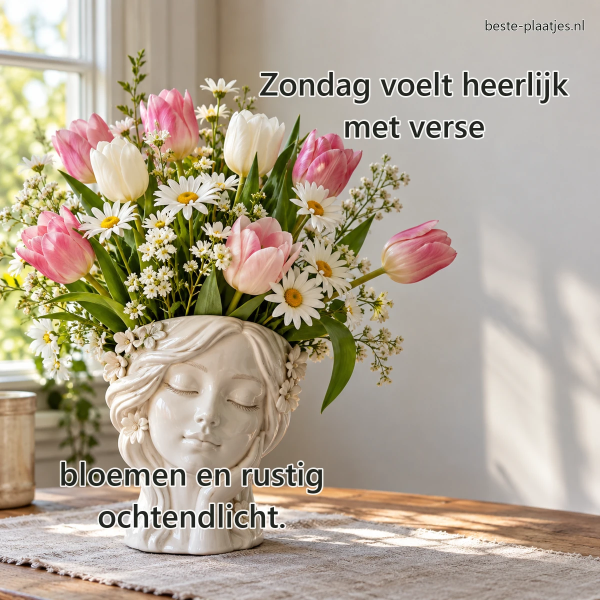 Een witte keramische vaas in gezichtsvorm is gevuld met tulpen en madeliefjes.
