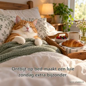 Een tevreden rood-witte kat ligt onder een dekbed naast een ontbijtdienblad.