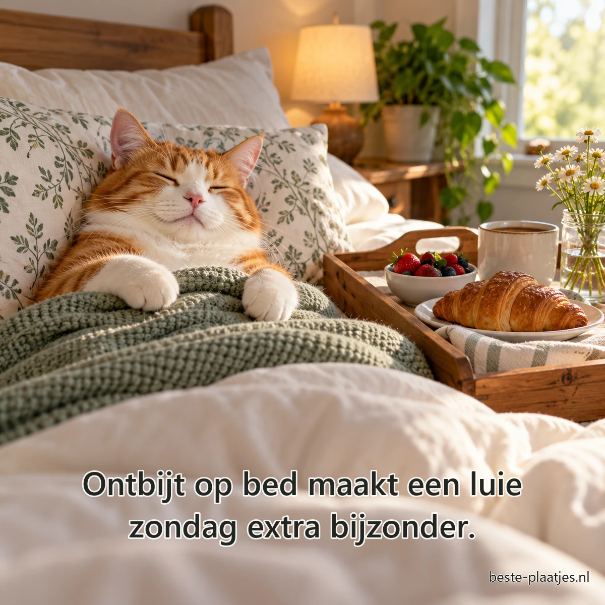 Een tevreden rood-witte kat ligt onder een dekbed naast een ontbijtdienblad.