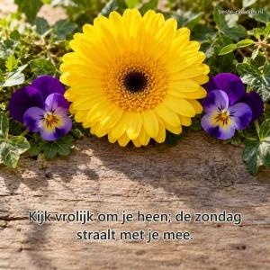 Een gele gerbera en twee viooltjes vormen samen een speels bloemengezicht.